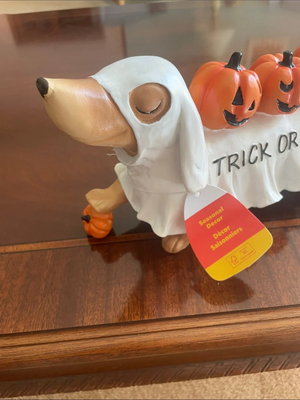 Halloween Dachshund 'Trick or Treat' Dog Figurine - Orange and White